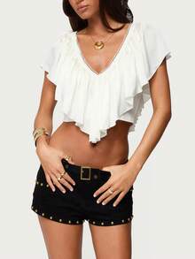 Women Ruffled Crop Tops Fashionable Solid Color Lace Trim Tie Back V Neck Summer Tops - 白色 - 查看 2