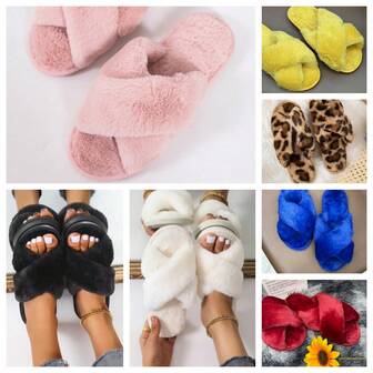(Order One Size Up) White Criss-Cross Open Toe Fluffy Slippers, Women's House Slippers
