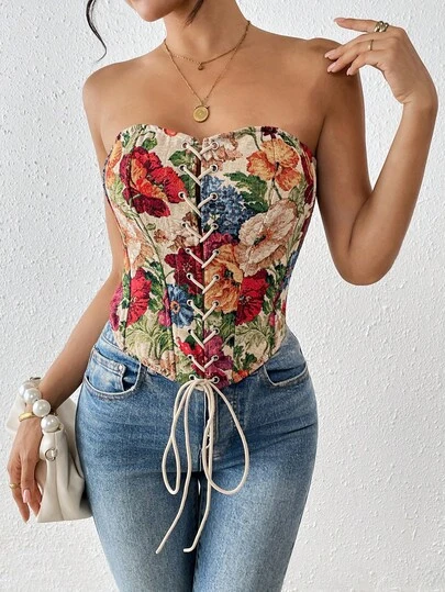 RAHQ 彩色花卉图案无肩带束身胸衣 - 正面系带性感派对约会情人节单件装