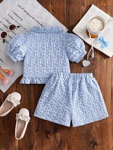 2pcs Set Kasual Anak Perempuan: Rok Pendek Motif Bunga Kecil Acak - Biru - View 2