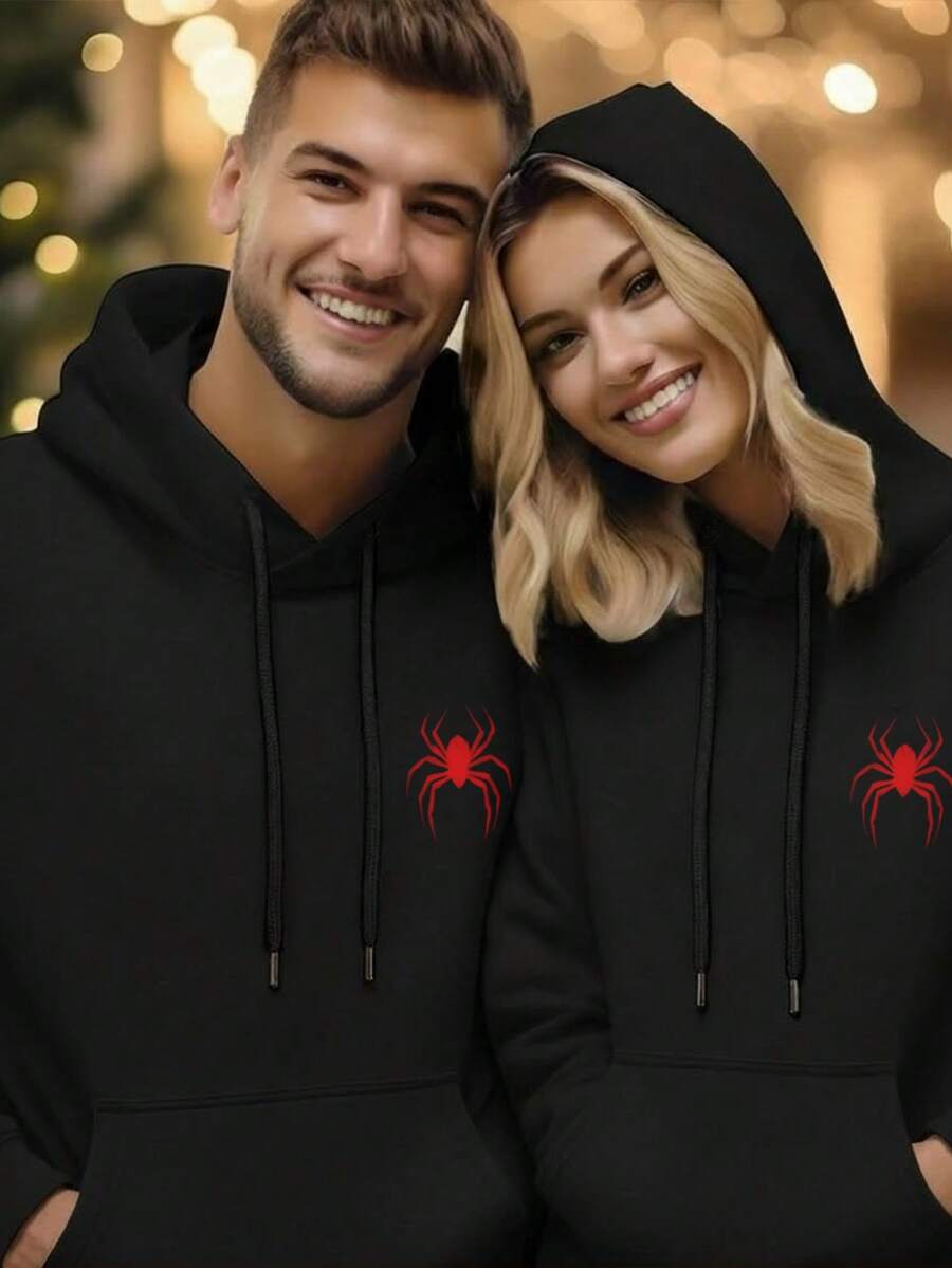 Pareja estilo dos piezas manga larga sudadera con capucha hombre y mujer pareja pareja fechas festivas desgaste casual abrigos grandes bolsillos tirantes sudadera con capucha top - Negro de mujer + Negro de hombre - Ver 1