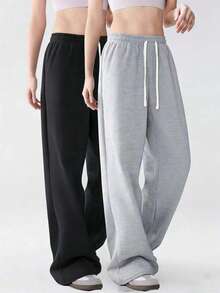 女士灰色阔腿运动裤，宽松抽绳腰带，休闲舒适，适合日常穿着和轻度运动 - 灰色 - 查看 7