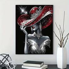 1 Set Exquisito Kit de Pintura de Diamantes 5D - Dama Elegante con Sombrero Rojo y Vestido, Incrustado con Diamantes Acrílicos Redondos Brillantes, Artesanía de Diamantes Completa, Decoración de Pared sin Marco, Adecuado para Sala de Estar, Dormitorio, Oficina - Regalo Ideal para Fiestas, Nuevo Set de Pintura de Diamantes, Marco no Incluido, Múltiples Tamaños Disponibles - Multicolor - Ver 3