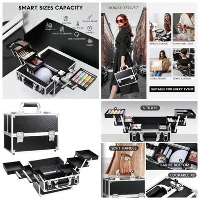 Train Case 12 Inch Organizer Case 6 Trays Large Cosmetic Storage Box Supplies Nail Tech Sewing Portable Box Pink