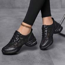 女士休闲鞋，足弓支撑舞蹈鞋。透气简约系带舒适训练鞋，软底条纹设计，四季皆宜爵士现代舞训练鞋，系带装饰方块舞休闲鞋，纯色运动鞋 - 黑色 - 查看 9