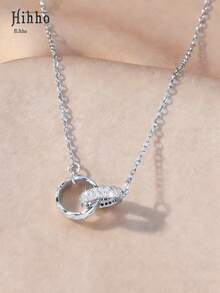 Hihho Rhinestone Decor Circle Charm Necklace - Silver - View 6