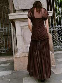 UNITHORSE Stand Collar Waist Ruched Bodycon Knit Evening Gown Dress - Brown - View 5