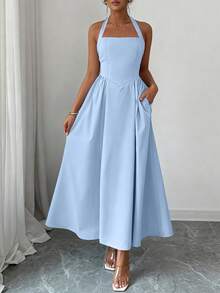 Women's Summer Casual Sleeveless Strapless Maxi Dresses Flutter Wedding Dresses Beach Holiday Dresses - Màu xanh nhạt - Xem 3