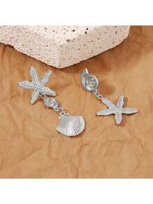 1 pieza Pendientes de estrella de mar y concha para mujeres, elegante y clásico, moda vintage casual adecuado para playa, vacaciones, viajes, uso diario, fiestas callejeras, regalo (empaquetado en bolsa de OPP) - Plateado - Ver 6