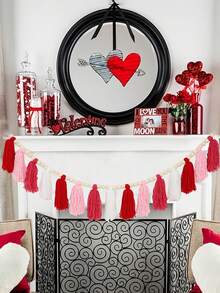 1pc Bohemian Style Valentine's Day Heart Shaped Floral Wreath - Red, Pink, White Fabric Tassel Garland, Romantic Wall Decor, Multipurpose Non-Electric Holiday Home Decoration, Ideal Valentine's Day Gift - Multicolor - View 2