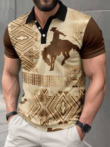 Tricou polo cu mânecă scurtă pentru bărbați, cu imprimeu retro de postere - Multicolor - Vizualizare 1