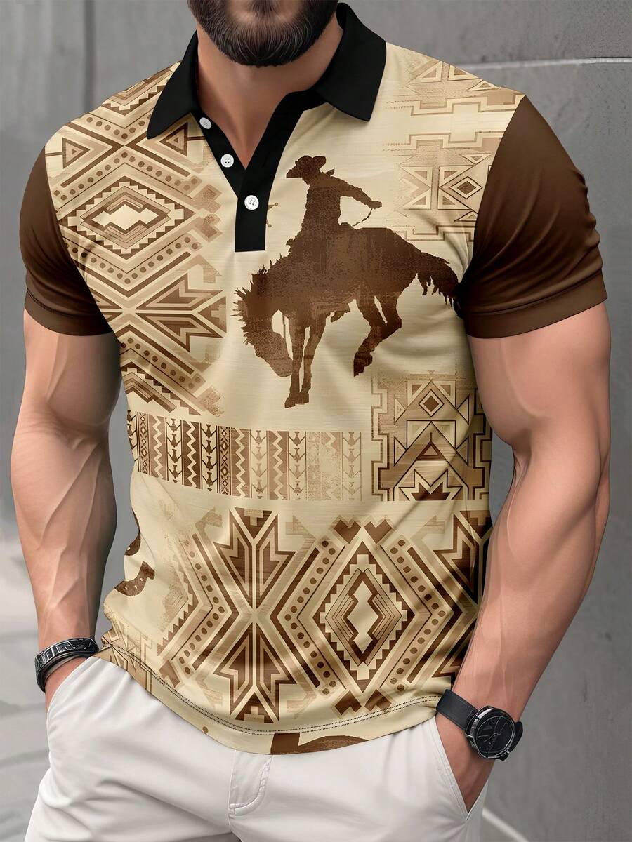 Tricou polo cu mânecă scurtă pentru bărbați, cu imprimeu retro de postere - Multicolor - Vizualizare 1