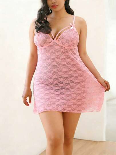 Plus Size Pink Sheer Lace Babydoll Nightgown - Sexy V-Neck Strappy Sleepwear With Bow Accents;Best Gift For New Year Valentine'S Wedding Anniversary Birthday