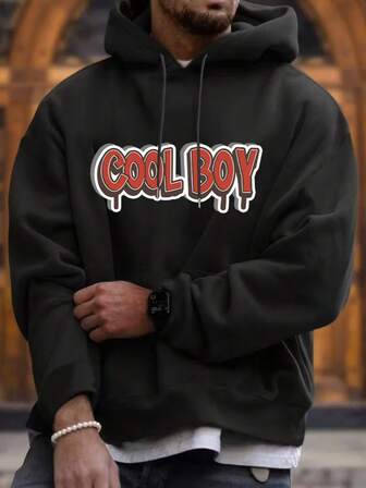 1 stuk Unisex Plus Size Hoodie, Zwarte Dikke Fleece Gevoerde Sweatshirt met Cool Boy Print, Geschikt voor Casual en Outdoor Kleding in de Herfst/Winter