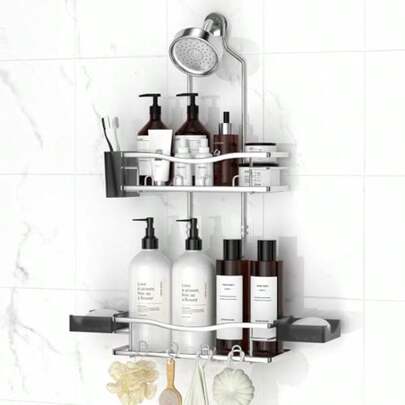 Cesta colgante para ducha antioxidante, organizador de ducha anti-oscilación sin perforación, con soporte para jabón y ganchos múltiples para almacenamiento de champú, esponja, color negro