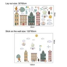 水彩童话小镇，太阳，云朵，动物墙贴，适用于儿童房、婴儿房装饰，自粘式 - 彩色 - 查看 6