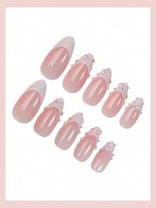 24片装中号杏仁形法式美甲贴纸，珍珠装饰，优雅别致，适合女性和女孩日常、约会、办公、居家、派对等场合使用。 - 白色 - 查看 3