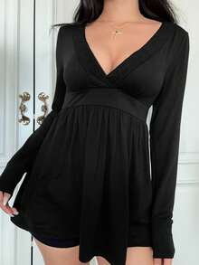 Áo kiểu mặc nhà phong cách đường phố Y2K cho nữ, cổ chữ V, tay dài ôm sát eo, màu đen, thích hợp cho mùa xuân. - màu đen - Xem 9