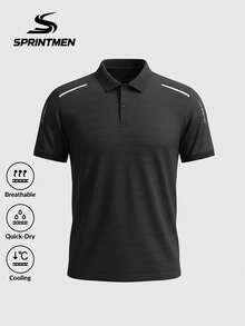 男士速干透气Polo衫，短袖翻领，可机洗，适合户外健身、训练、商务休闲、夏季商务、户外运动、跑步、日常商务休闲穿着 - 黑色 - 查看 1