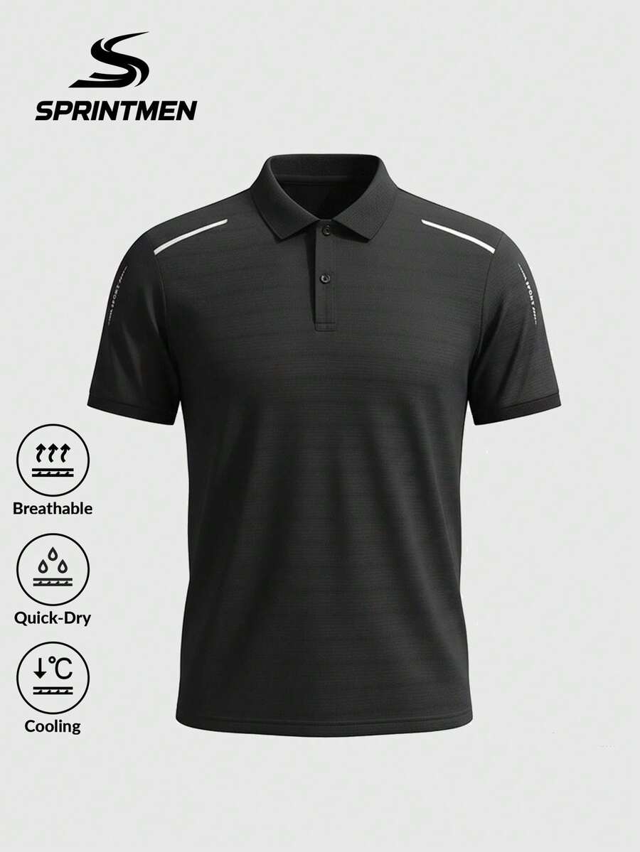 男士速干透气Polo衫，短袖翻领，可机洗，适合户外健身、训练、商务休闲、夏季商务、户外运动、跑步、日常商务休闲穿着 - 黑色 - 查看 1