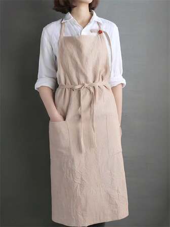 纯色亚麻韩式围裙，适合厨房、烘焙、艺术创作、美甲、奶茶制作、茶道表演、咖啡师、木工等场合，男女通用工作服
