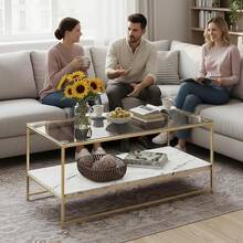 Mesa de Centro para Sala, Mesa de Centro Minimalista, Centro Mesa con Almacenamiento Abierto, Adecuada para Sala de Pequeña, Estar, Oficina, Balcón (Blancoármol) - 90*47*50cm - Ver 5