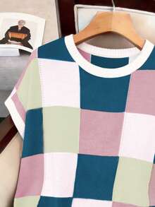 Plus Size Women Colorful Plaid Round Neck Casual Aran Knit Sweater Pullover - Dark Blue - View 7