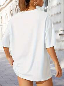 Women's Yoga Balance Stone And Letter Pattern T-Shirt - Casual Short Sleeve Top, Loose Fit Suitable For Yoga, Vacation, And Daily Wear, Machine Washable, Four Seasons Comfortable, Round Neck Design Durable Casual Wear, Machine Washable, Non-Transparent Fabric - White - View 4