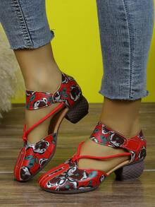 女士复古鞋，春夏款，厚底一脚蹬高跟鞋，镂空印花凉鞋，妈妈鞋，高跟凉鞋，魔术贴搭扣 - 紅色 - 查看 2