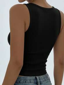Women's Summer Solid Square Neck Ribbed Casual Versatile Black Tank Top - Black - View 5