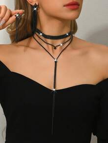 1 Bộ Vòng Cổ Tua Rua Nhiều Lớp Thời Trang Đính Kim Cương Giả Màu Đen, Thích Hợp Cho Halloween & Đeo Hàng Ngày Cho Nữ - dây chuyền tua rua nhiều lớp - Xem 12