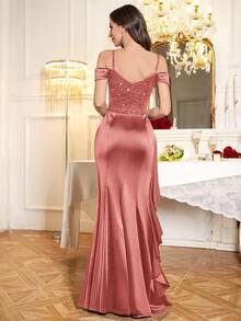 MIUSOL Đầm dạ hội dài satin nữ thanh lịch, trễ vai, đính sequin, ren hoa, viền bèo nhún, xẻ đùi, cho khách mời đám cưới, lễ tốt nghiệp, tiệc tối - Bụi hồng - Xem 3