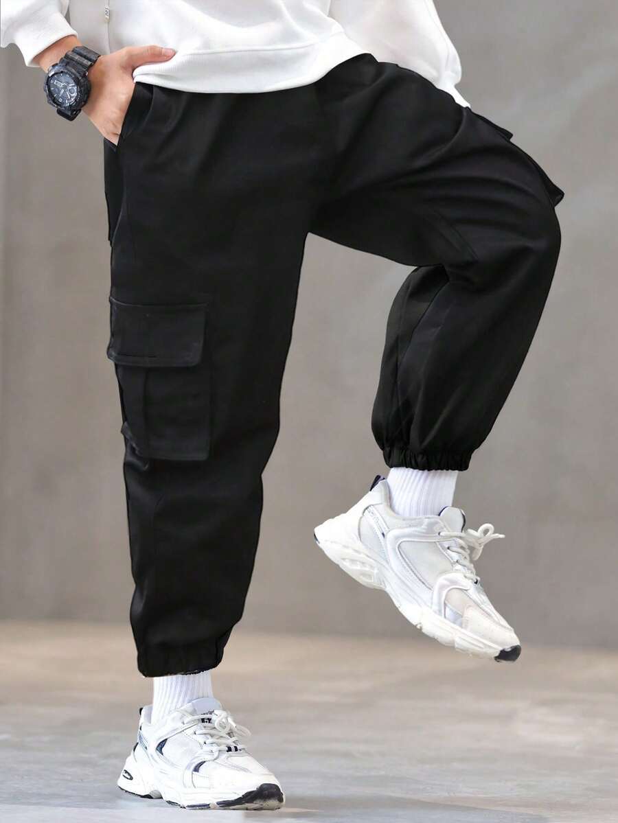 1pc Young BoyDurable, Easy-Care Casual Pants With Side Pockets For School/Daily Wear - Black - View 1