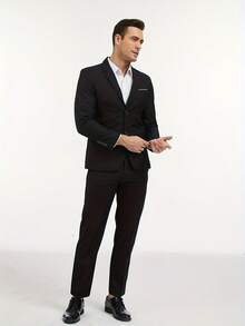 Men's Slim-Fit Black Formal Suit 2-Piece Jacket And Pants Set, Suitable For Office And Wedding Party Business Attire, Featuring Pocket Details Design - màu đen - Xem 4
