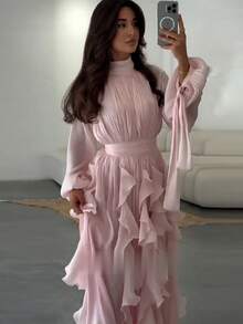 Vestidos Elegantes De Mujer,Women's Elegant And Stylish Ruffled Fitted Dress - Hồng - Xem 4