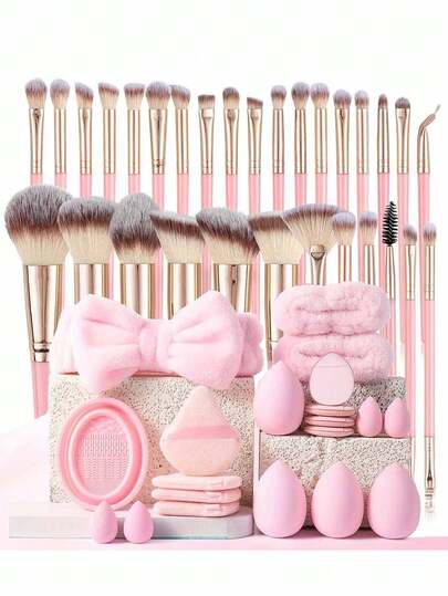 12/20/50 piezas Juego de brochas de maquillaje profesionales color rosa, 30 piezas Brochas de maquillaje negras, Esponjas de maquillaje, Esponja para el pulgar, Recipiente para limpiar brochas, Con bolsa de maquillaje, Apto para viajes, Regalo adecuado para mujeres y niñas, Apto para todas las necesidades de maquillaje