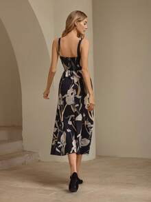 Oulis Elegant Floral Print Waist Line Spaghetti Strap Midi Dress, Vacation Style, Old Money Style, Court Style, Valentine's Day Outfit, Prom Party, Back To School, Elegant Ladies - Multicolor - View 7