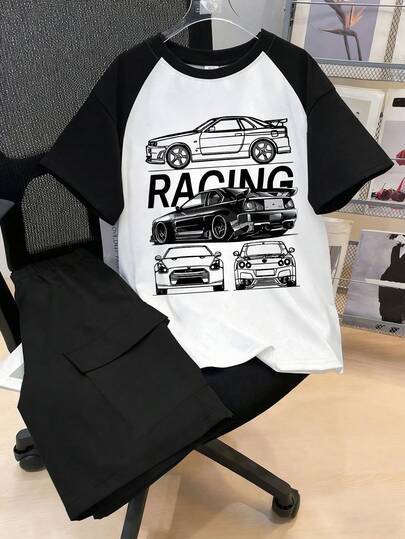 Set de 2 piezas Camiseta de manga corta con cuello redondo y estampado numérico "23" + Pantalones cargo para adolescentes varones, conjunto de verano nuevo y cómodo