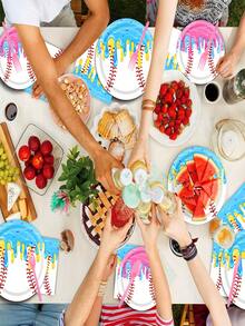 10pcs/Set Ice Cream Baseball Theme Party Tableware Set, Includes Paper Plates, Napkins, Cups - 7 Inch Round Baseball Dessert Plates, Suitable For Cake, Salad, Fruit, Pizza, Disposable Themed Decor, Suitable For Sports Fans, Sports Events, Birthday Parties, Can Also Be Used As Disposable Tablecloth. - Multicolor - View 5