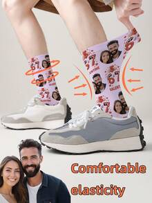 1 Pair Customized Face Socks, Personalized Photo Printed Socks, Customizable Novelty Face Socks, Can Print Any Face Image On Socks, Great For Anniversary, Valentine's Day, Birthday, Wedding Gifts - Multicolor - View 4