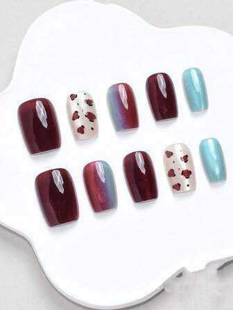 10 piezas Nuevas Puntas de Uñas Bicolor Azul y Marrón Otoño/Invierno 2026, Tono Caramelo Halagador de Alta Gama con Acento Azul Pavo Real