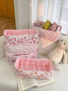 Cute Strawberry Underwear Socks Storage Basket Quilted Floral Storage Basket Folding Underwear And Socks Storage Basket With Partition Design - Multicolor - View 4