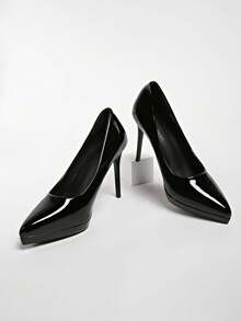 12cm/13cm/10cm Super High Heel Pointed Toe Chunky Heel Sexy Patent Leather Low Vamp Pumps, White/Nude - Black - View 6