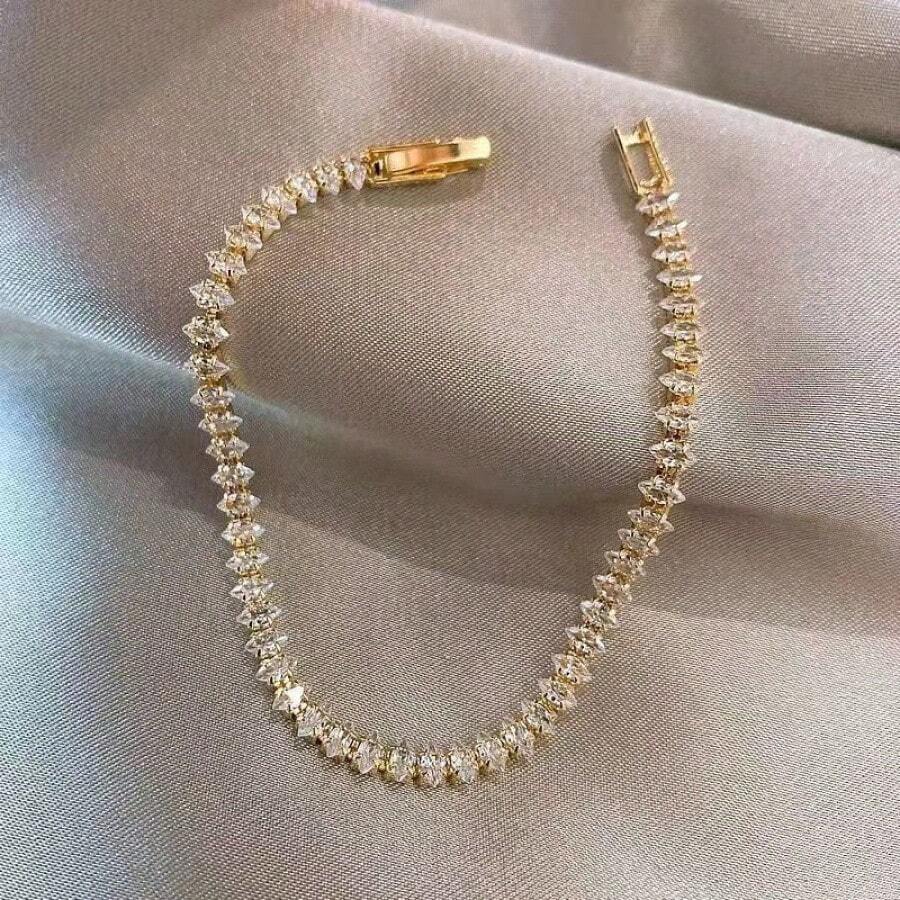 1pc High-End Light Luxury Exquisite  Sparkling Bracelet For Women, Ins Niche Design, Simple Ladies' Micro-Inlaid Sparkling Diamond Chain - 金+水滴鋯石扣 手鍊 - 查看 1