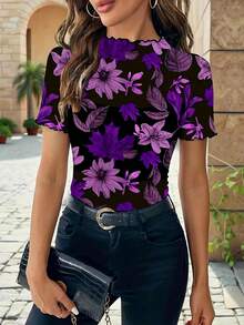 Vintage Floral Print Slim Fit Casual/Work Wear Short Sleeve T-Shirt For Women, Spring/Summer Vacation - Purple - View 3