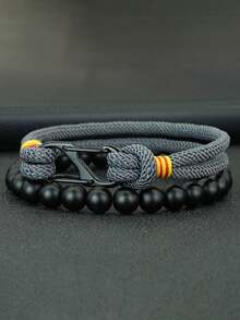 51Luckind 2 Pcs/Set Handmade Braided 4mm Rope 8MM Onxy Beaded Bracelet Set For Men Cool Armband Jewelry Men