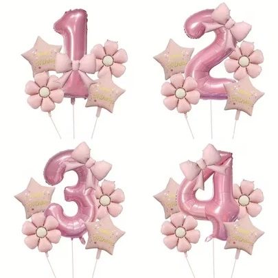 6个/套粉色数字和领结派对气球，搭配雏菊、“生日快乐”和星星铝箔气球，适用于生日派对、庆祝活动、周年纪念、节日、背景装饰、户外派对装饰、拍照道具、婴儿派对。