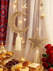 1pc/2pcs Wooden Moon & Star Tassel Pendant, Bohemian Style Eid Mubarak Hollow Wooden Bead Moon & Star Decor, Handmade Eid Party Seasonal Decoration, Eid Home Decor, Moon Phase Wall Art Home Decor, Suitable For Bedroom, Living Room, Kitchen, Dining Room, Office, Farmhouse, Eid Mubarak, Ramadan Islamic Kareem - Multicolor - View 10