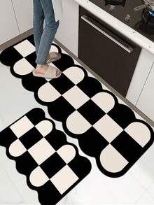 1pc Silicone Bathroom/Kitchen Mat, Black & White Patchwork Pattern, Lightweight, Cushioned, Anti-Fatigue, Water-Absorbent, Non-Slip, Suitable For Kitchen, Bathroom, Entryway, Laundry Room, Luxury Minimalist Style