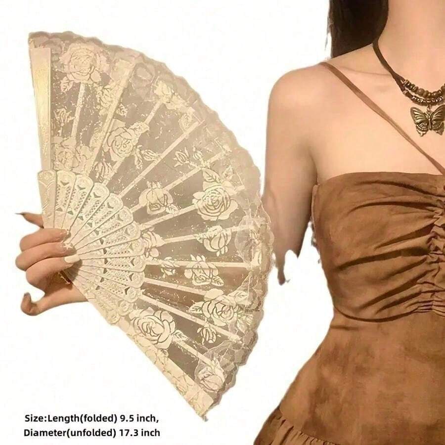 Elegant Lace Rose Folding Fan - Chinese Ancient Style Handheld Flower Pattern Fan, Black And White Rose Options, Compact 9.5-Inch Design, Suitable For Dance, Performance Or Decoration - White - View 1